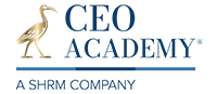 Logo of CEO Academy featuring a stylized gold bird and blue text reading "CEO Academy - A SHRIM Company."