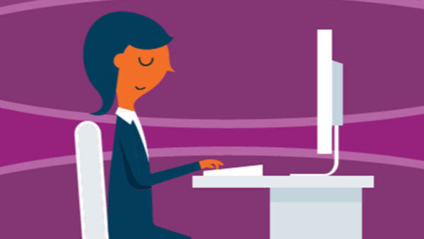 An illustration of a person sitting at a desk and typing on a computer keyboard, with a monitor in front of them. The background is purple with curved lines.
