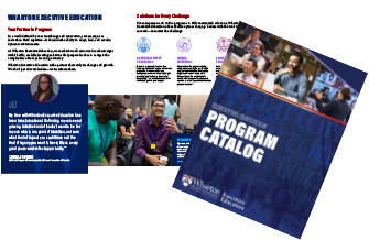 A program catalog cover and interior pages featuring people in a discussion, text about executive education, and a portrait of a person.